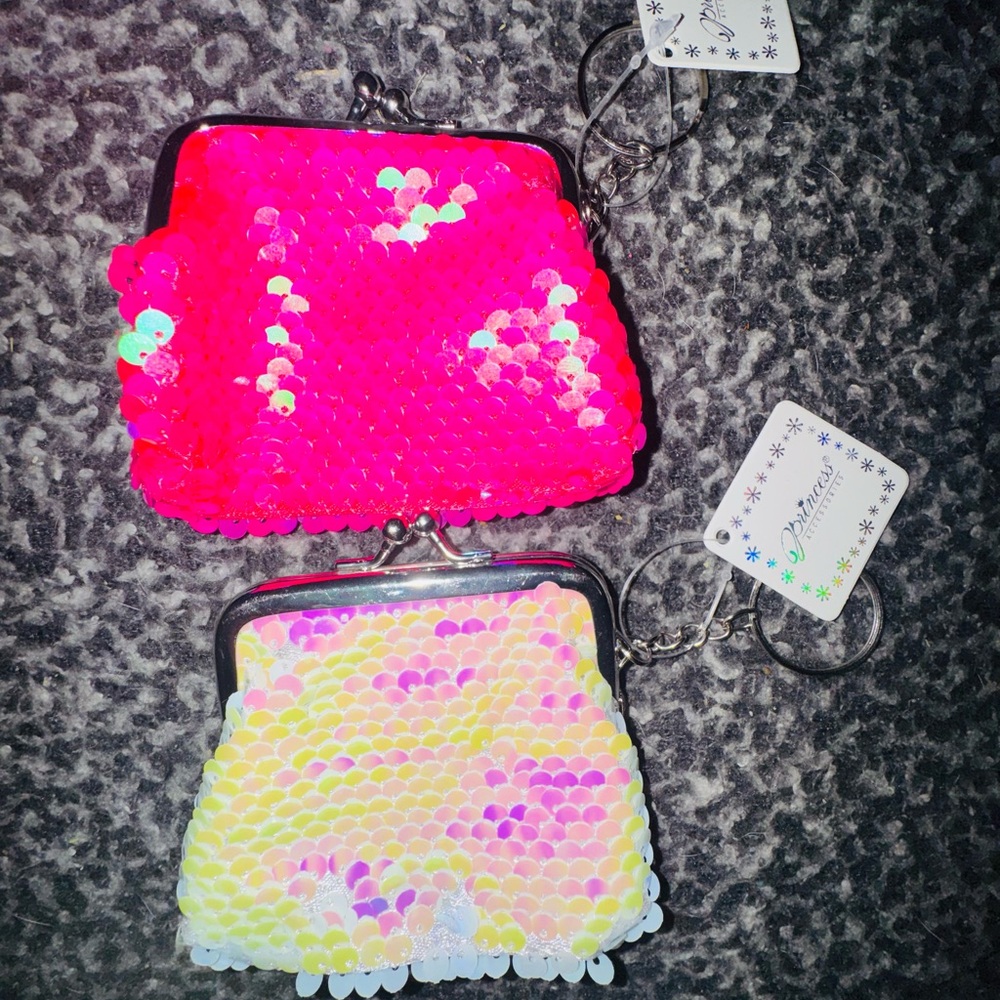 Sequin Kiss-Lock Coin Pouch Keychain - Hot Pink & White- pink/purple-nwt